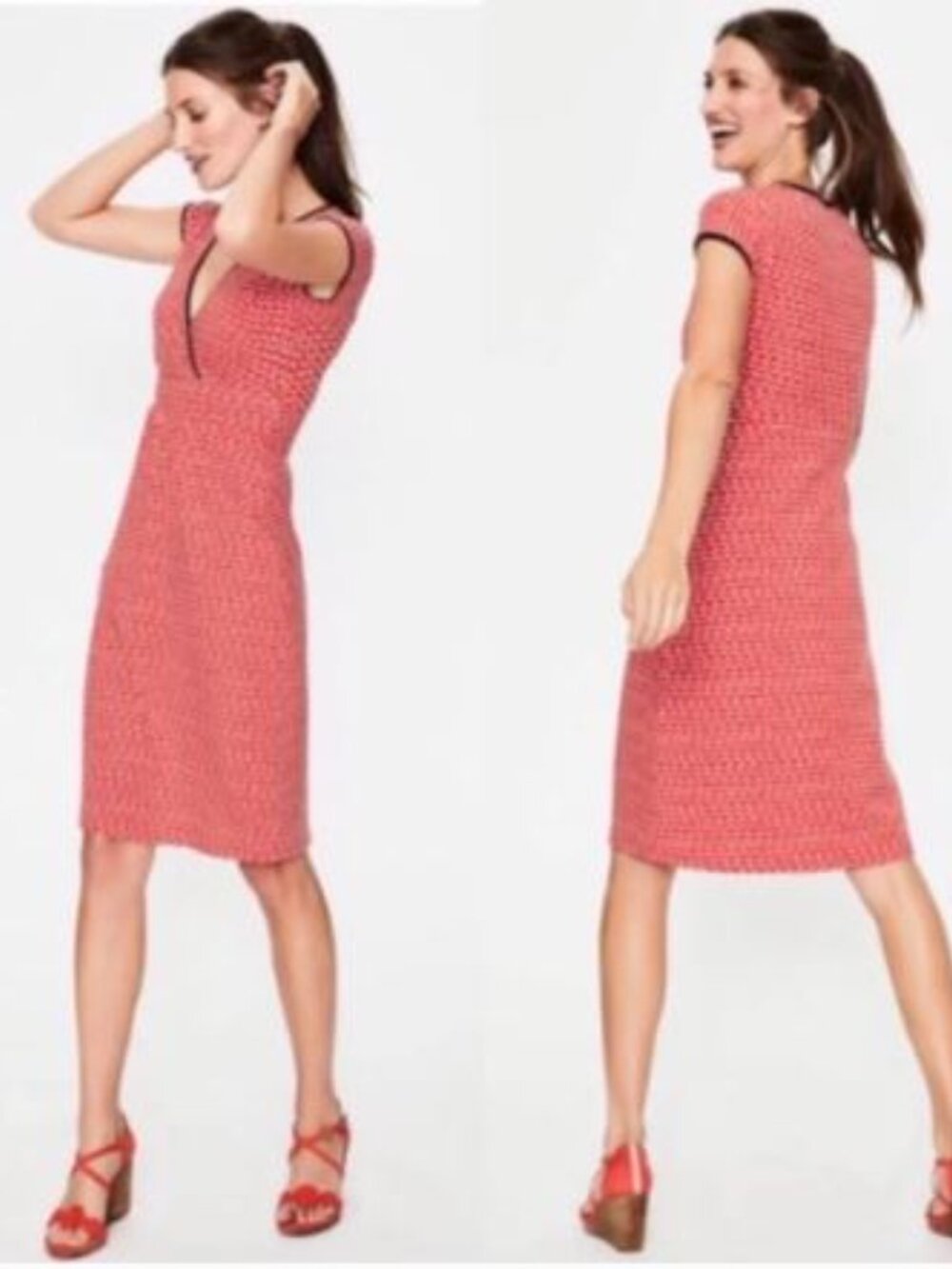Boden Coral Wave-Print Wrap Dress with Navy Trim Size US 10 L